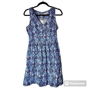 Milly Sleeveless Fit Flare Midi Dress Size 8 Women’s Blue White Floral Stretch